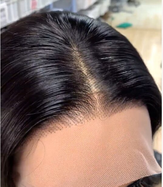 Close up of 13x4 lace frontal bob wig, pre-plucked baby hair, natural hairline, invisible swiss lace for human hair bob wig