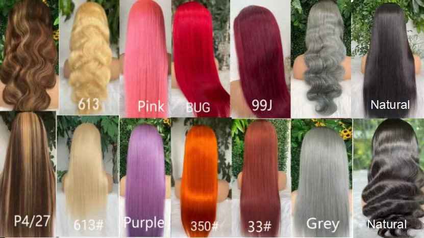 Wholesale 13x4 frontal wig bundle, body wave and straight human hair wigs in natural, 613, pink, bug, 99J, purple, 350, 33# and grey colors