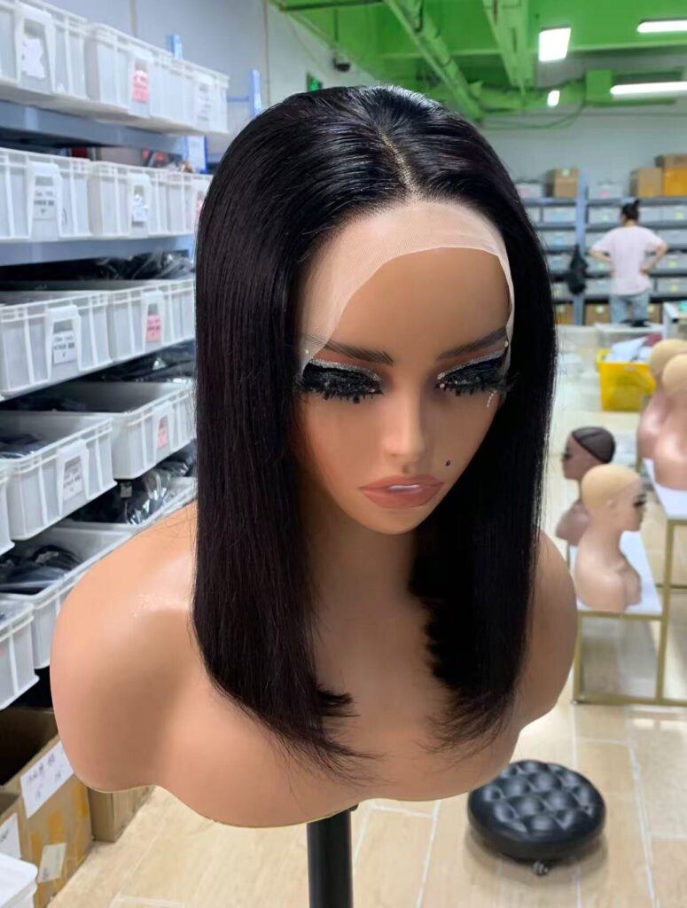 13x4 lace frontal bob 　wig pack deal　human hair wig, middle part style, mannequin display inside wig factory warehouse, wholesale wig pack
