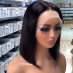 13x4 lace frontal straight bob wig on mannequin head, side part style, natural black human hair bob wig factory stock