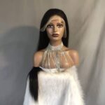 Long silky straight 13x4 frontal human hair wig on mannequin, natural black pre-plucked lace front wig