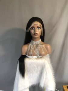 Long silky straight 13x4 frontal human hair wig on mannequin, natural black pre-plucked lace front wig