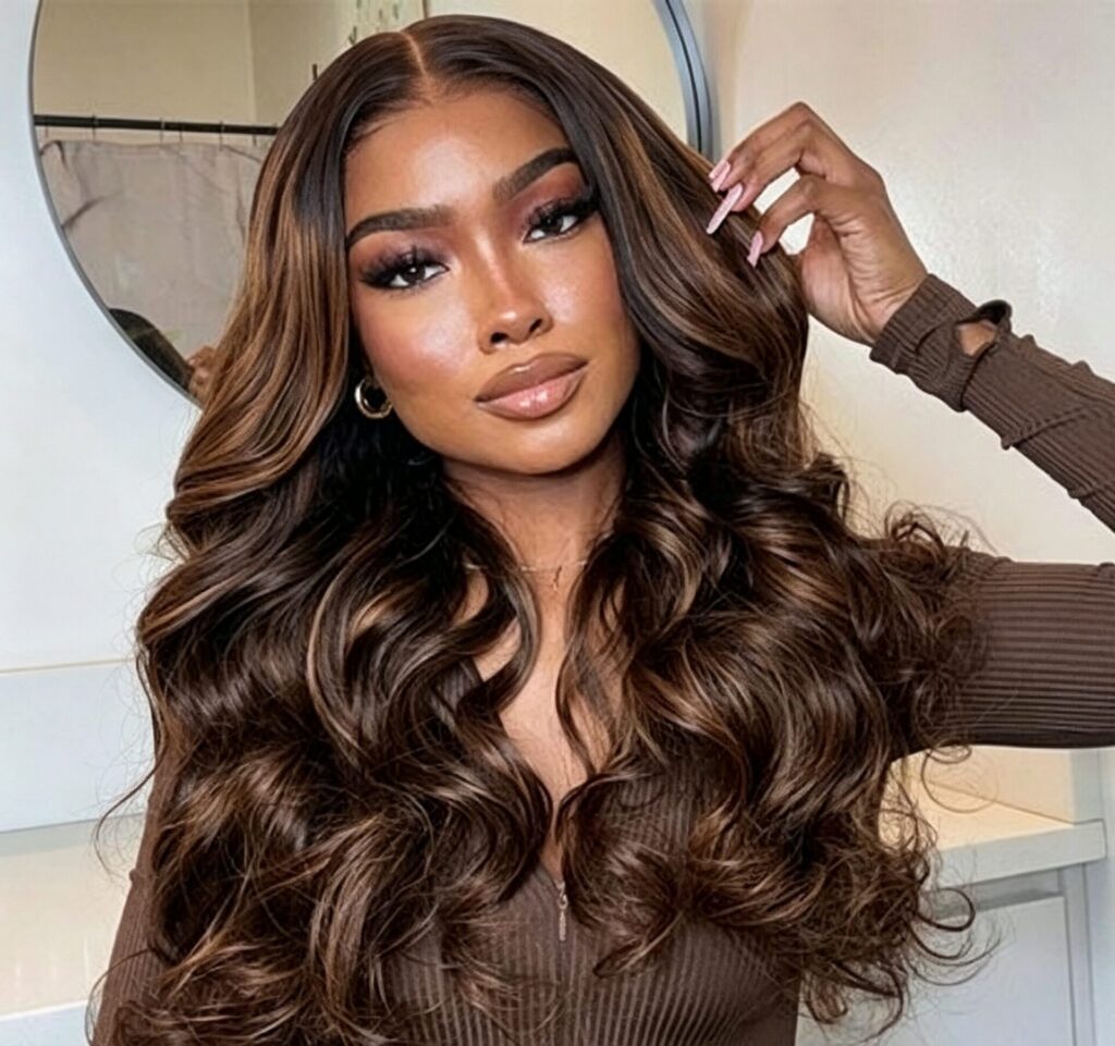 24 Inch Dark Root Balayage Body Wave Human Hair Wig 13x6 HD Lace Front Glueless Wig Caramel Brown Highlights For French European Black Women