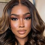 Close‑up view Dark Root Balayage Body Wave Lace Front Wig, Caramel Brown Highlights HD Lace Natural Hairline For French Women Daily Look