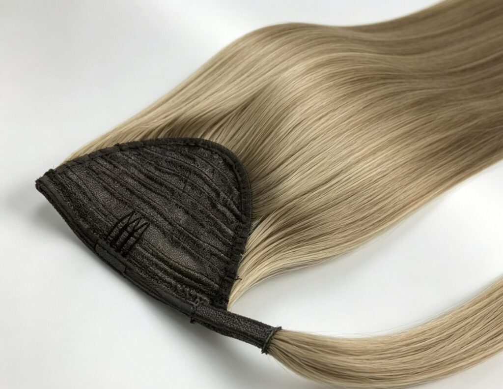 Chinese raw hair ponytail close up, silky straight hair detail