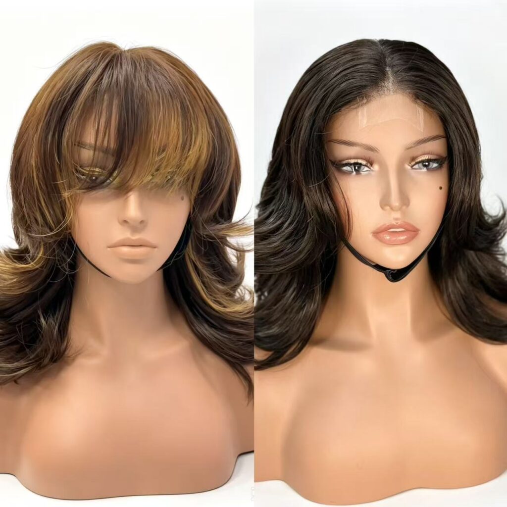 1. `90s blowout layered bob wig with curtain bangs, HD lace glueless virgin human hair wig
