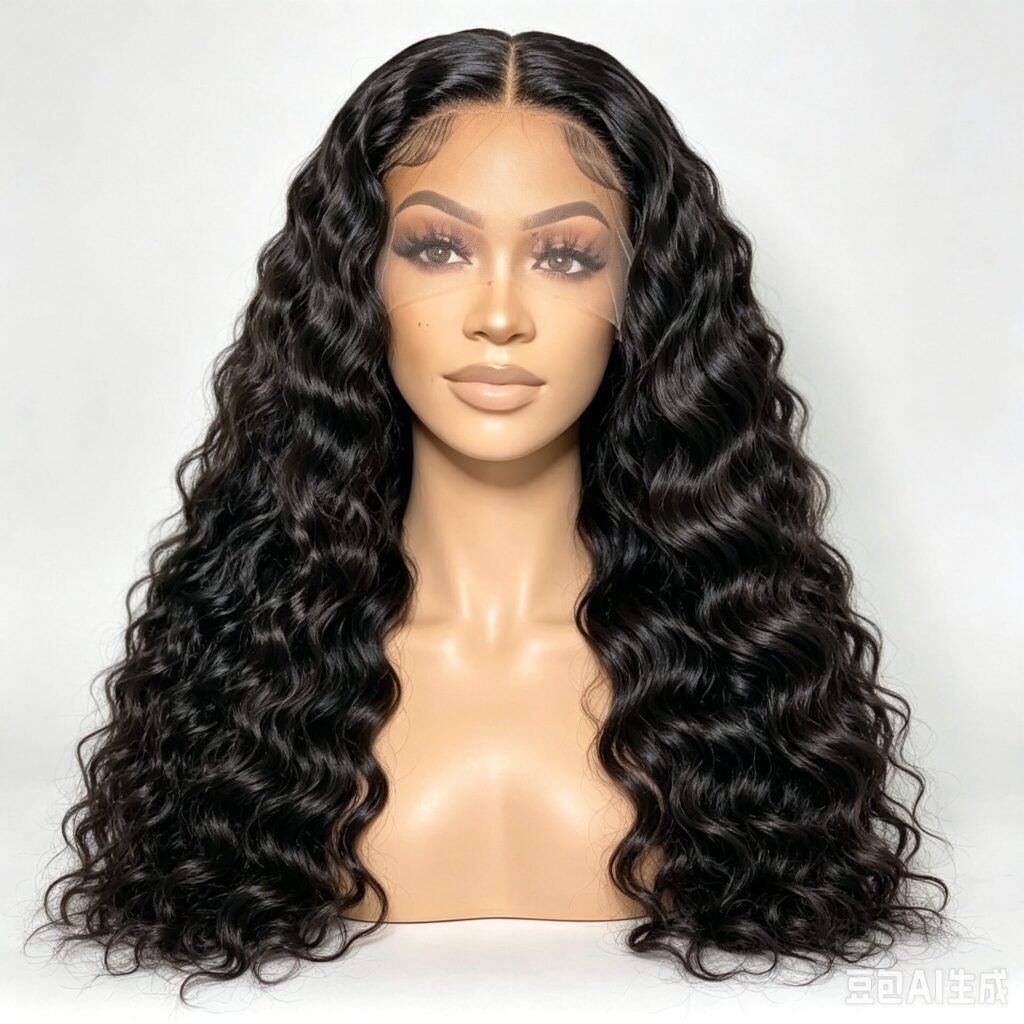 Deep Wave Water Wave Human Hair Wig On Mannequin Head, Natural Black 13x6 HD Lace Front 180 Density Glueless Wig For Western Europe
