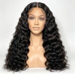 Deep Wave Water Wave Human Hair Wig On Mannequin Head, Natural Black 13x6 HD Lace Front 180 Density Glueless Wig For Western Europe