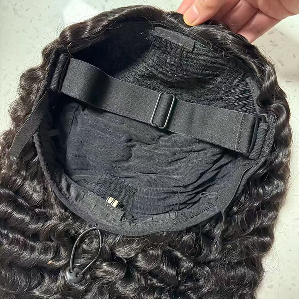 3 In 1 Half Wig inner cap closeup, adjustable drawstring and clips human hair half wig