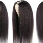 Kinky straight U part wig human hair on mannequin head, pure white background, U opening design, natural textured hair