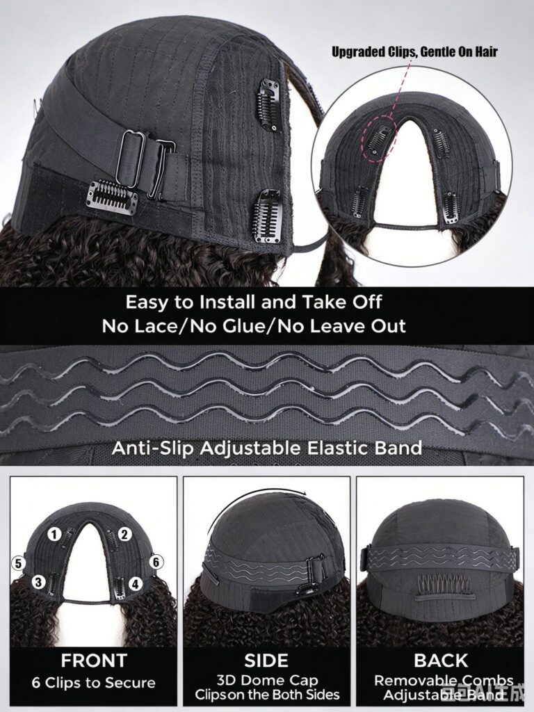 V Part Glueless Human Hair Wig Cap, Upgraded Clips Adjustable Elastic Band No Lace`