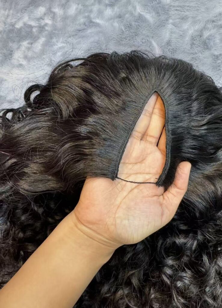 Close-up of a no lace no glue V part wig, showing the V-shaped opening for minimal leave-out, perfect protective style for 4C natural hair.
