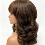 warm chestnut brown 90s blowout layered bob wig curtain bangs side angle human hair